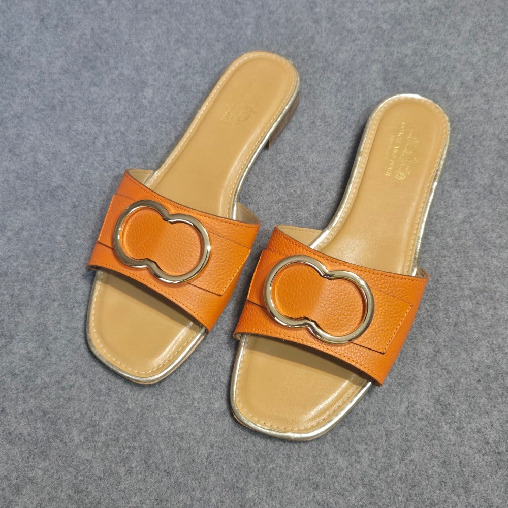 Coach and Four Orange Leather Slide Sandals Gold Buckle Made in Italy Womens 8.5